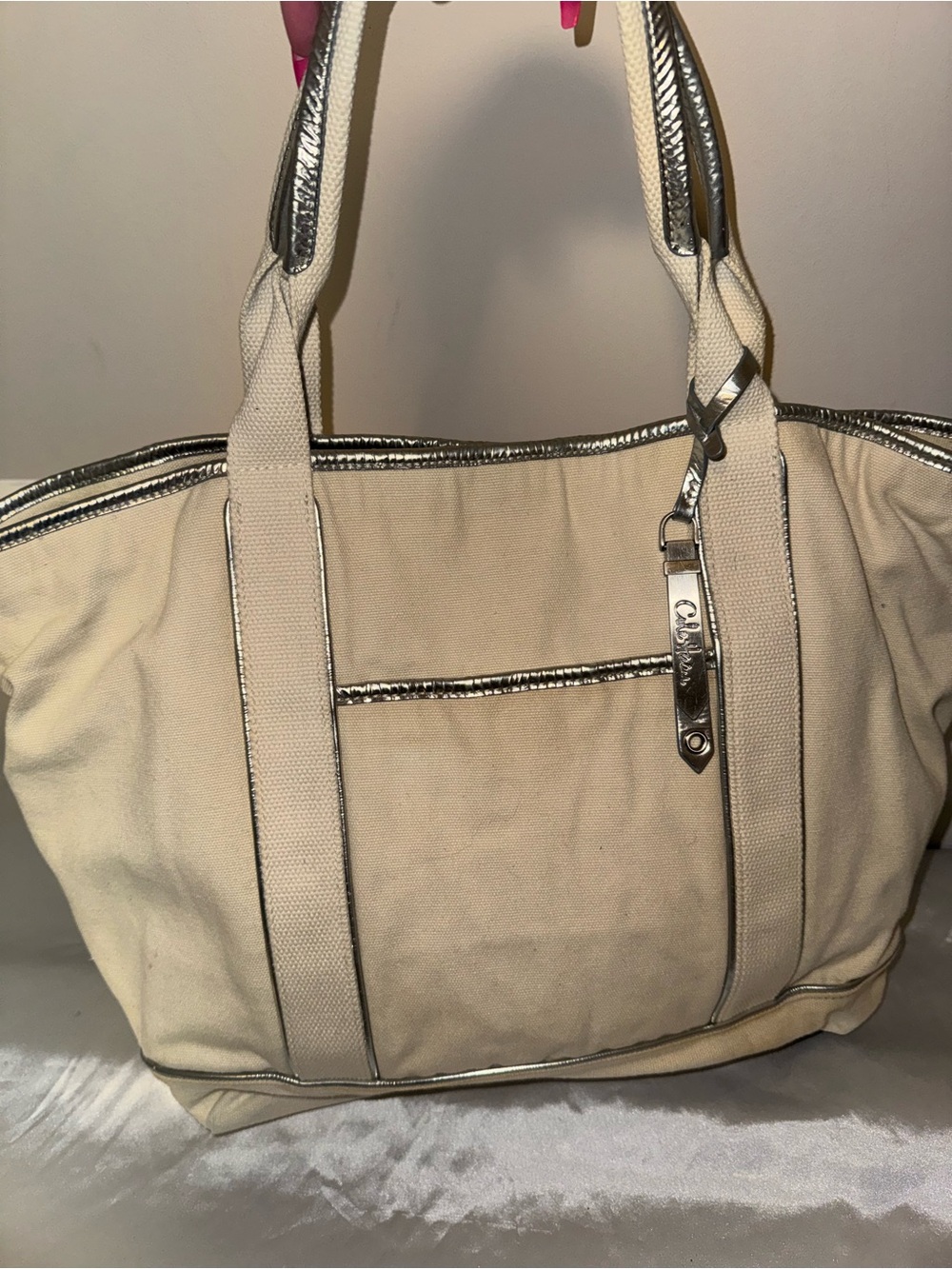 Cole Haan Canvas Tote Bag with Silver Trim - Cream